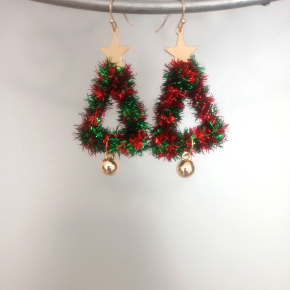 Christmas Tree Tinsel Earrings - Picture 1 of 4